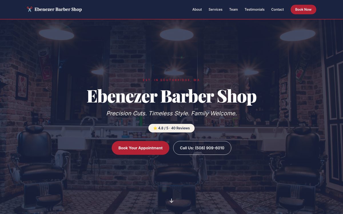 Screenshot of the Ebenezer Barber Shop home page
