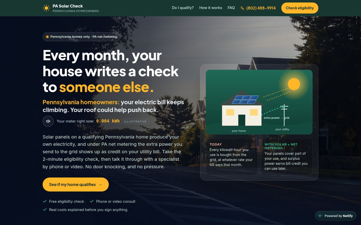 Screenshot of the PA Solar Check landing page